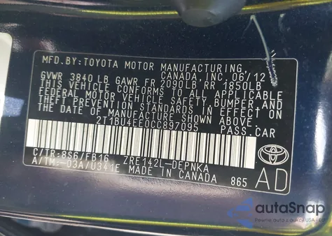 2012 Toyota Corolla Le from USA, damaged, VIN 2T1BU4EE0CC897095